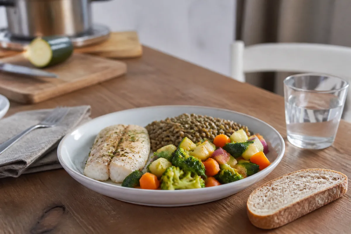 Assiette équilibrée après 50 ans avec poisson, légumes, lentilles et pain complet
