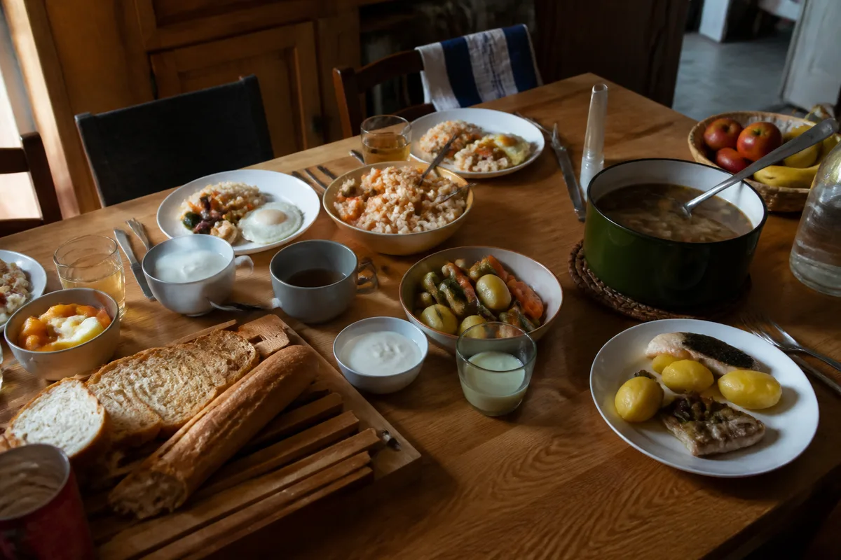 Table avec un petit-déjeuner, un déjeuner et un dîner équilibrés