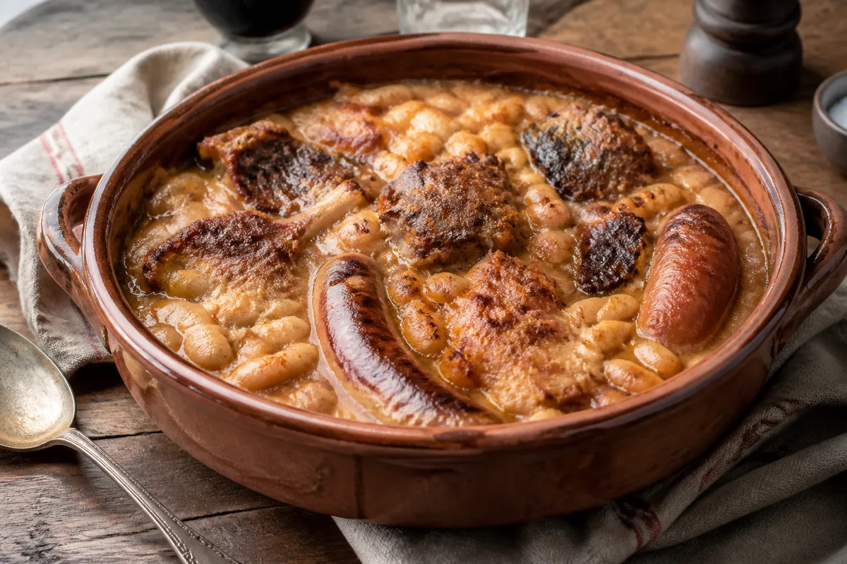 Cassoulet traditionnel servi dans une cassole en terre cuite